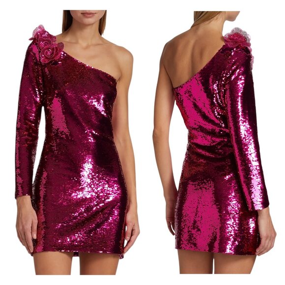 Marchesa Notte, NWT Women’s One-Shoulder Sequin Mini Dress, Fuchsia Pink Size 12 - Picture 1 of 1